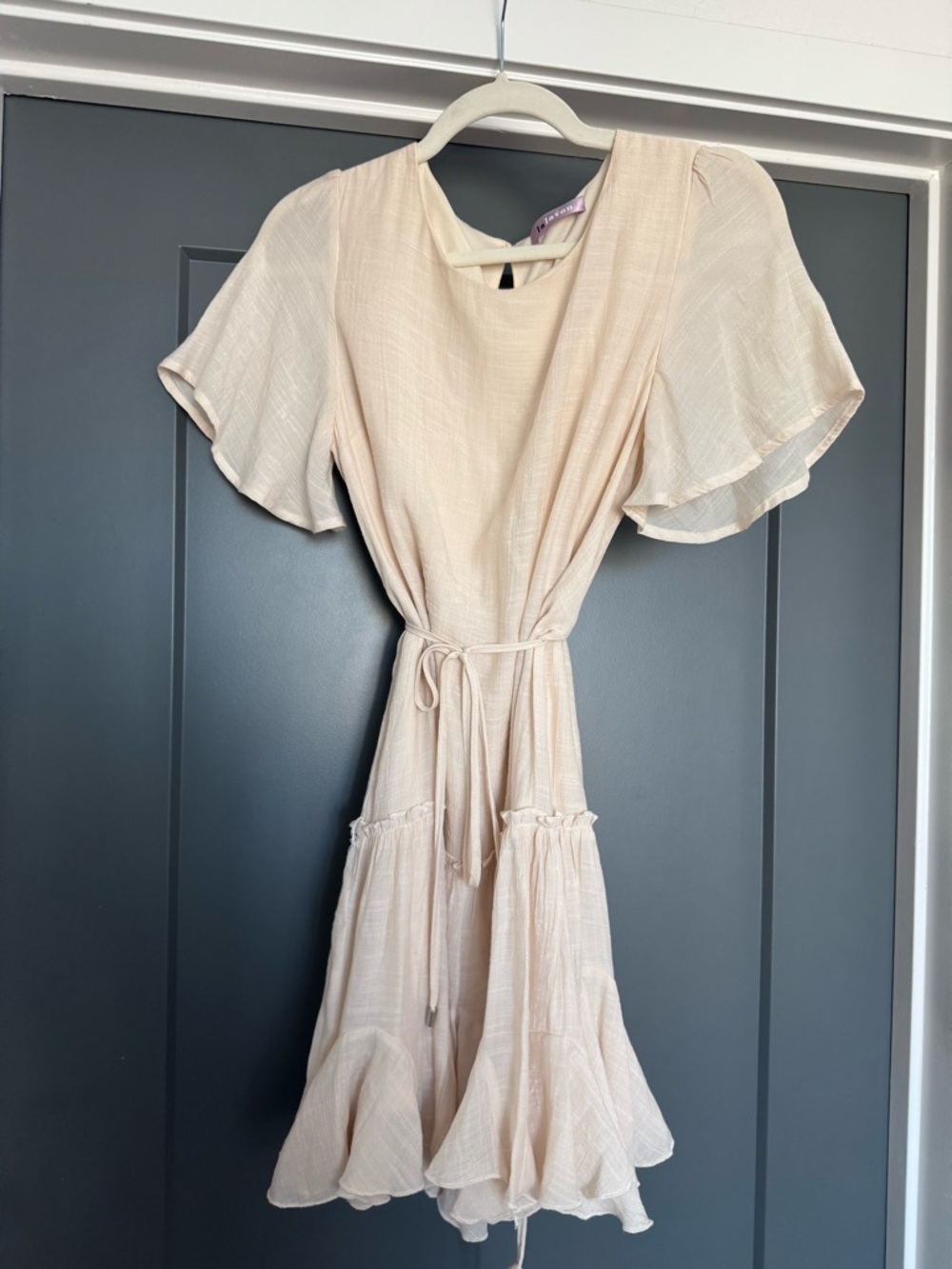 Flutter-Sleeve Midi Dress with Tie Waist in Cream
